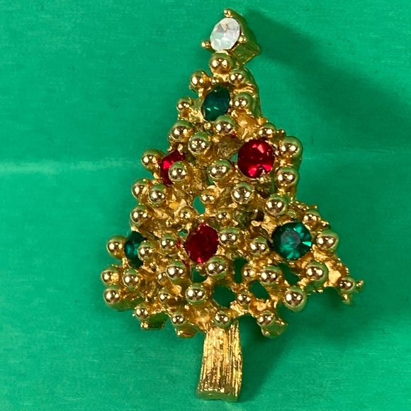 Vtg Christmas Tree Brooch jeweled Holiday Pin very sparkly gold ball design. - Picture 3 of 6